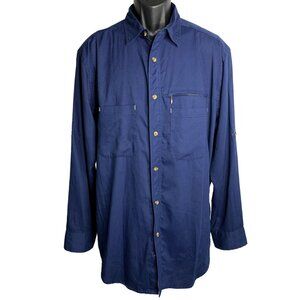 Cabelas Button Up Camp Hiking Shirt L Blue Zip Pocket Roll Tab Long Sleeves